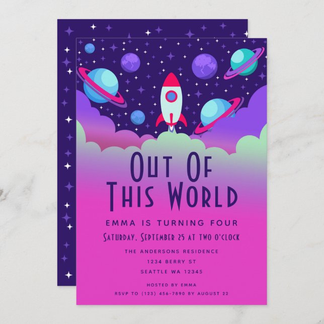 Cute Rocket Outer Space Kids Birthday Invitation (Front/Back)