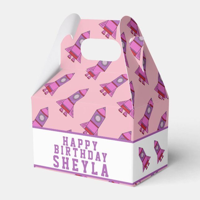 Cute Rocket Pink Girl Birthday Favour Box (Front Side)