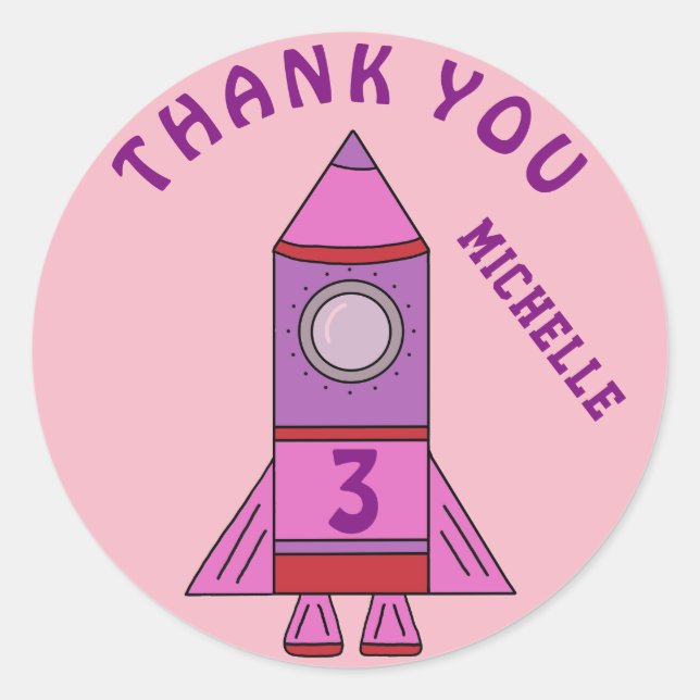 Cute Rocket Pink Kids Girl Birthday Thank you Classic Round Sticker (Front)