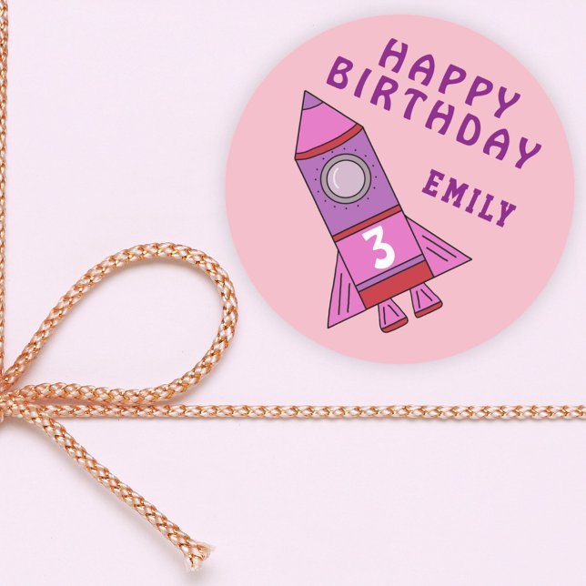 Cute Rocket Pink Kids Girl Happy Birthday Classic Round Sticker (Creator Uploaded)