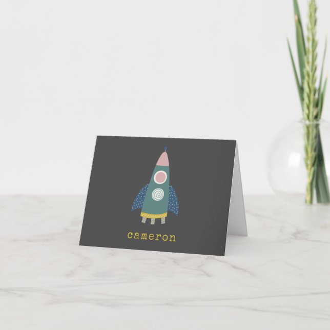 Cute Rocket Ship Cool Space Art Personalised Note Card (Front)
