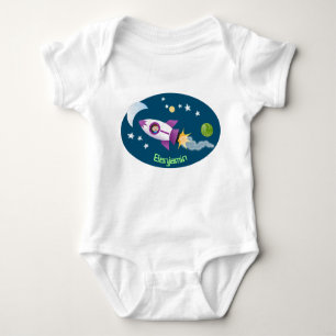 Cute rocket ship in space cartoon illustration baby bodysuit