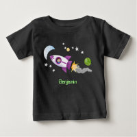 Cute rocket ship in space cartoon illustration