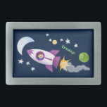 Cute rocket ship in space cartoon illustration belt buckle<br><div class="desc">Explore space with this cute design featuring a boy in a rocket ship drawn in fun cartoon illustration style!</div>