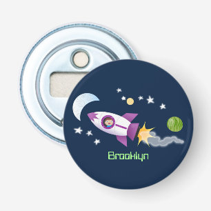 Cute rocket ship in space cartoon illustration bottle opener