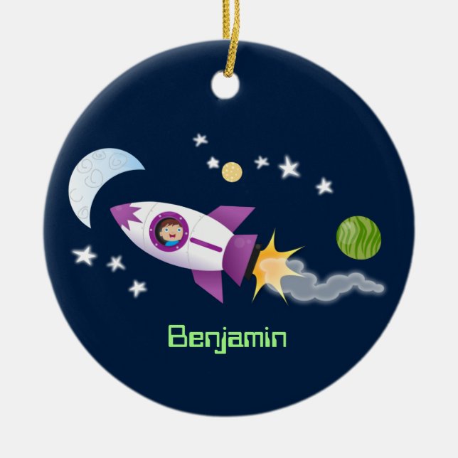 Cute rocket ship in space cartoon illustration ceramic tree decoration (Front)