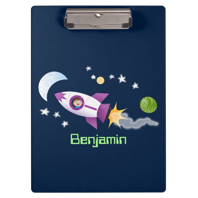 Cute rocket ship in space cartoon illustration clipboard (Front)