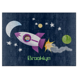 Cute rocket ship in space cartoon illustration cutting board