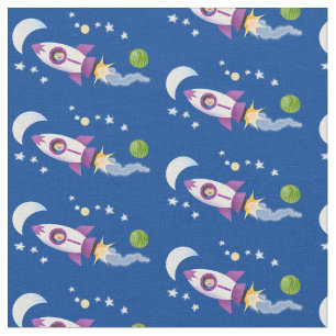 Cute rocket ship in space cartoon illustration fabric