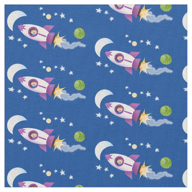 Cute rocket ship in space cartoon illustration fabric (Close Up)