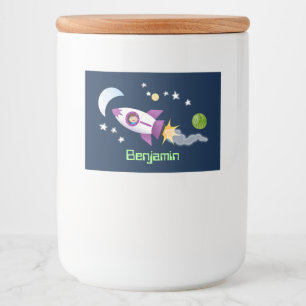 Cute rocket ship in space cartoon illustration food label