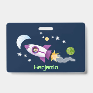 Cute rocket ship in space cartoon illustration ID badge
