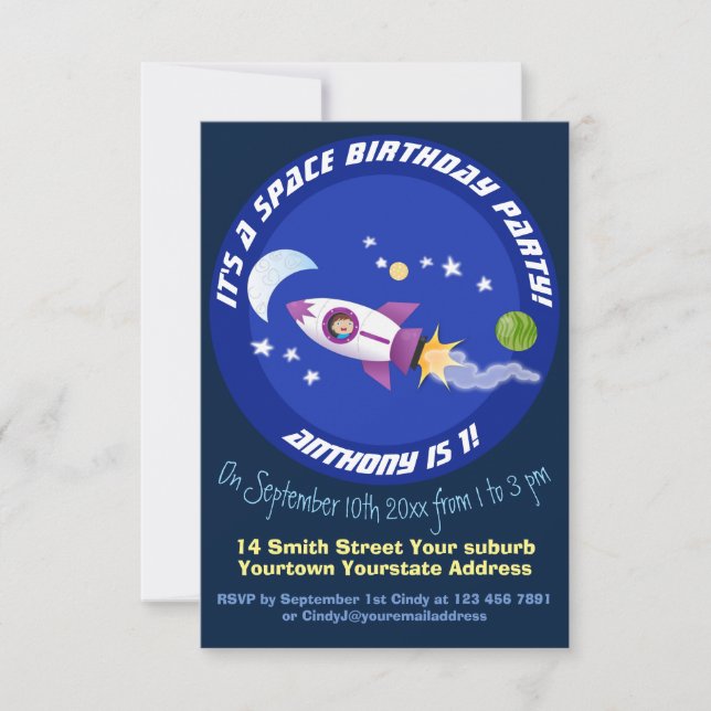 Cute rocket ship in space cartoon illustration invitation (Front)