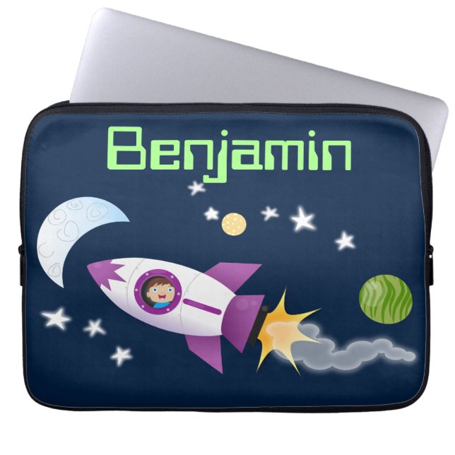 Cute rocket ship in space cartoon illustration laptop sleeve (Front)
