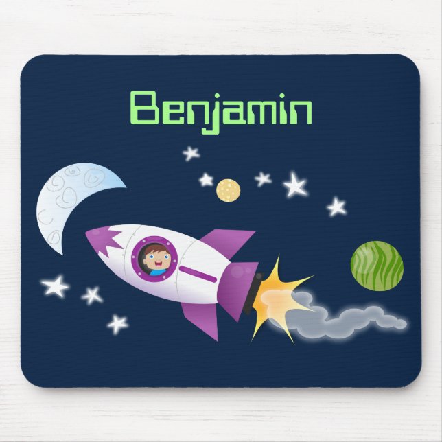 Cute rocket ship in space cartoon illustration mouse pad (Front)