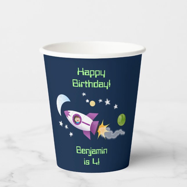 Cute rocket ship in space cartoon illustration paper cups (Front)