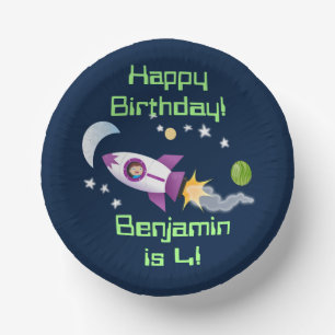 Cute rocket ship in space cartoon illustration paper plate