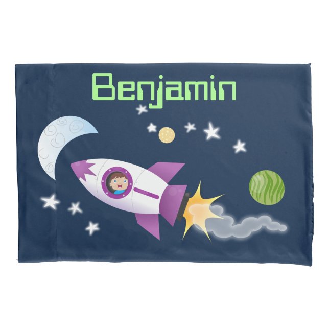 Cute rocket ship in space cartoon illustration pillowcase (Front)