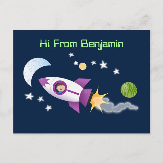 Cute rocket ship in space cartoon illustration postcard (Front)