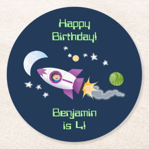 Cute rocket ship in space cartoon illustration round paper coaster