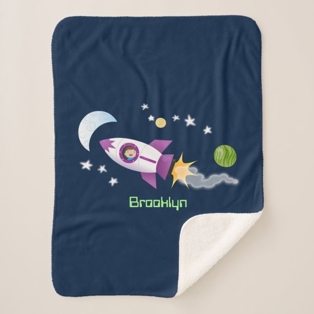 Cute rocket ship in space cartoon illustration sherpa blanket (Front)