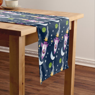 Cute rocket ship in space cartoon illustration short table runner
