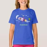 Cute rocket ship in space cartoon illustration