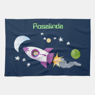 Cute rocket ship in space cartoon illustration tea towel