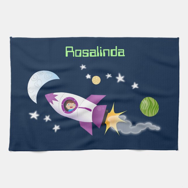 Cute rocket ship in space cartoon illustration tea towel (Horizontal)