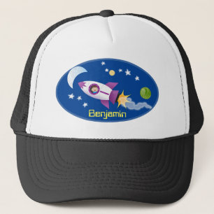 Cute rocket ship in space cartoon illustration trucker hat