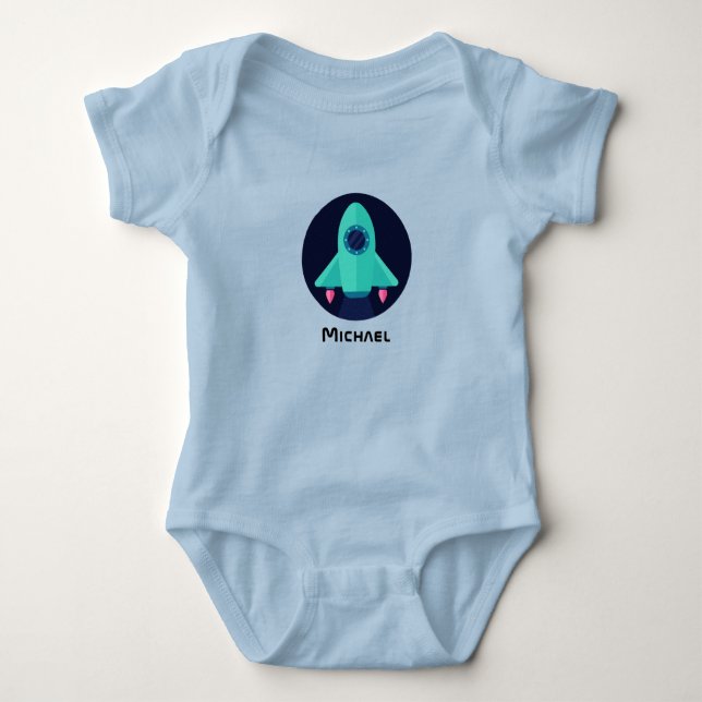 Cute Rocket Spaceship & Boy Name Space Theme Fun   Baby Bodysuit (Front)