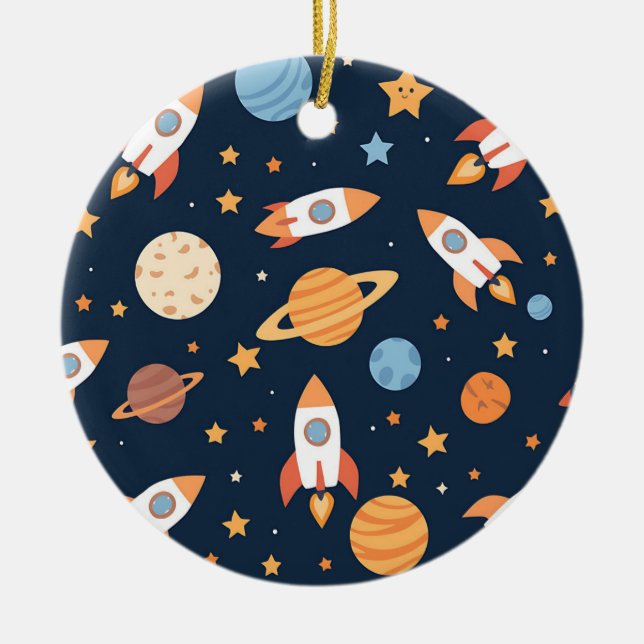 Cute Rockets Planets Space Pattern Ceramic Tree Decoration (Front)