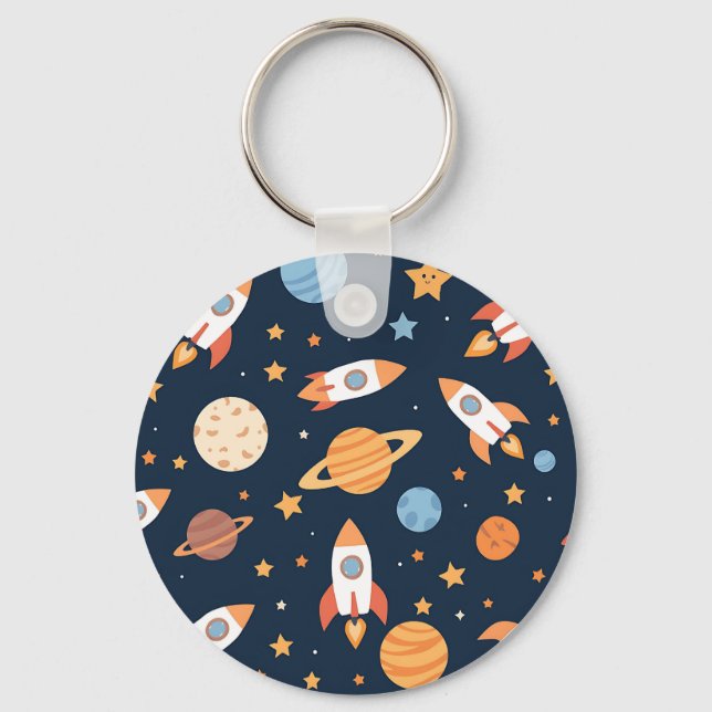 Cute Rockets Planets Space Pattern Key Ring (Front)