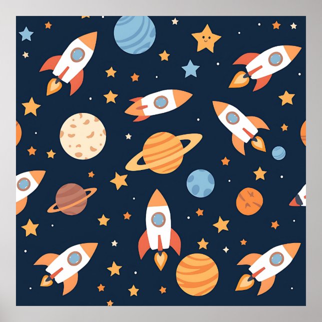 Cute Rockets Planets Space Pattern Poster (Front)