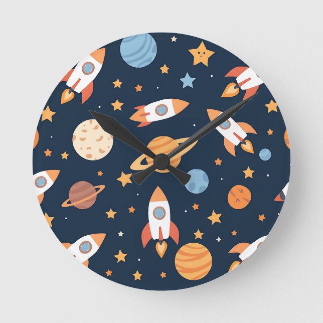 Cute Rockets Planets Space Pattern Round Clock (Front)