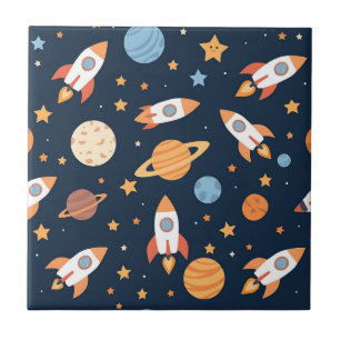 Cute Rockets Planets Space Pattern Tile
