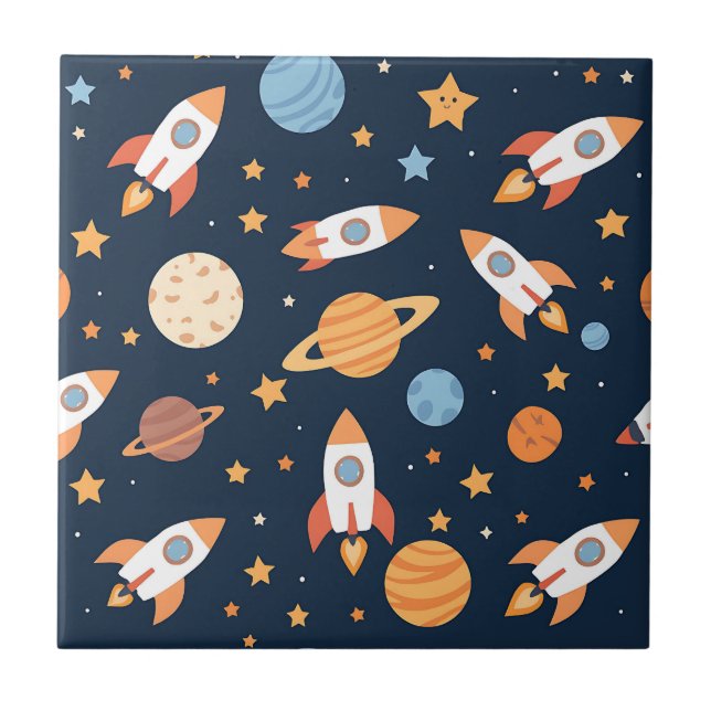 Cute Rockets Planets Space Pattern Tile (Front)