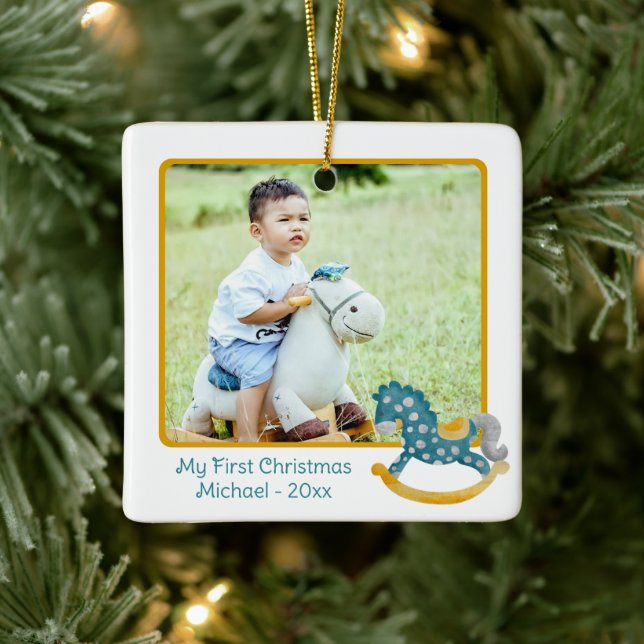 Cute Rocking Horse 2 Photo My 1st Christmas Baby's Ceramic Ornament (Tree)