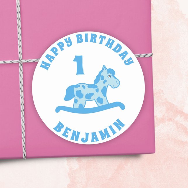 Cute Rocking Horse Blue Boy 1st Birthday Classic Round Sticker (Creator Uploaded)
