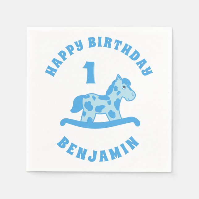 Cute Rocking Horse Blue Boy 1st Birthday Party Napkin (Front)