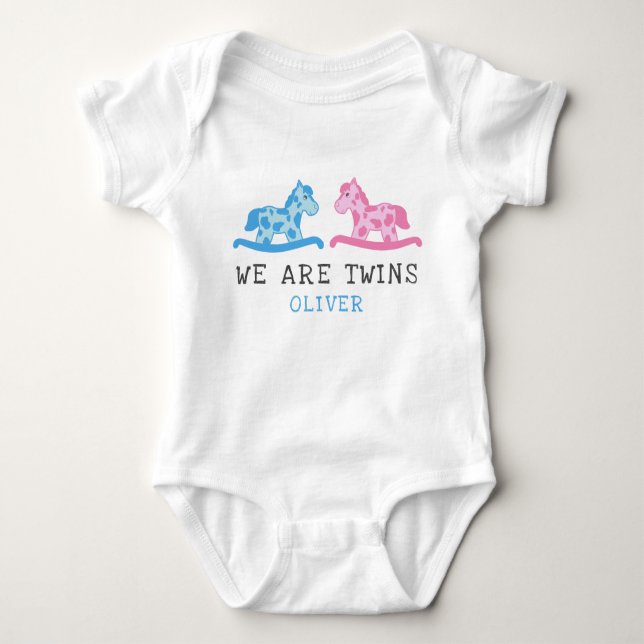 Cute Rocking Horse Twins Boy Girl Name Baby Bodysuit (Front)