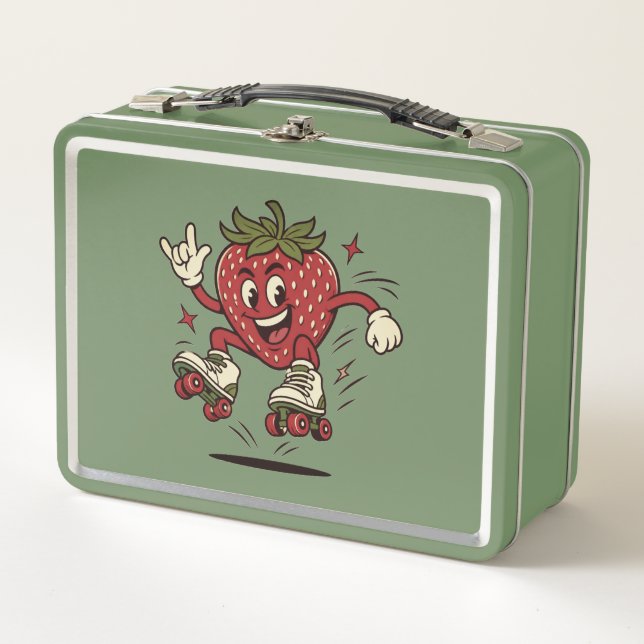 Cute Roller Skating Strawberry Metal Lunch Box (Front)