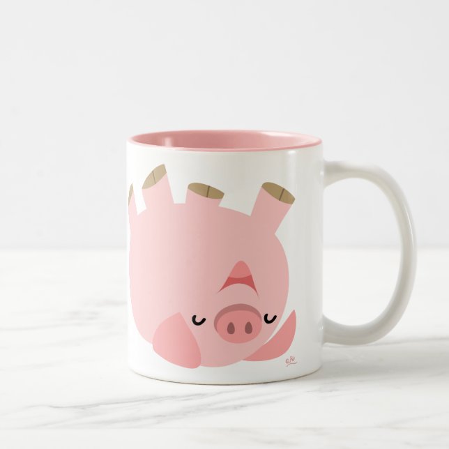 Cute Rolling Over Cartoon Pig Two-Tone Coffee Mug (Right)