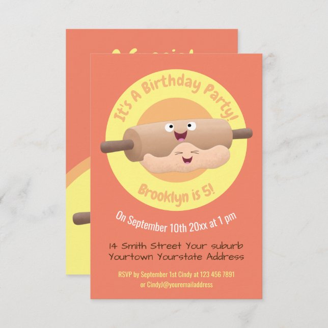 Cute rolling pin and dough pastry baking cartoon i invitation (Front/Back)