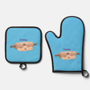 Cute rolling pin and dough pastry baking cartoon oven mitt & pot holder set