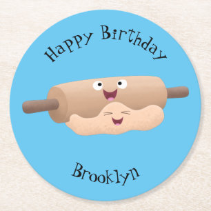 Cute rolling pin and dough pastry baking cartoon round paper coaster