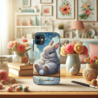 Cute Roly Poly Bunny With Glitter Clouds Case-Mate iPhone Case