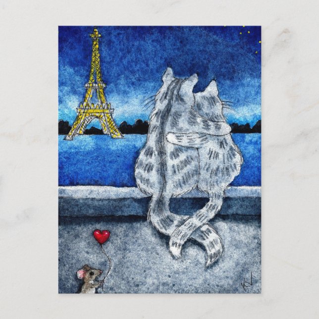 Cute romance Paris Cats Mouse heart postcard (Front)
