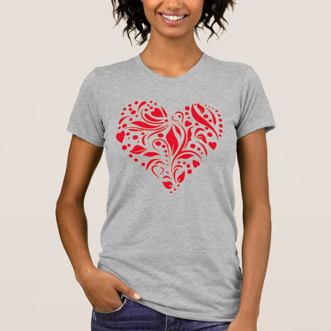 Cute Romantic Abstract Heart Design Red Grey T-Shirt (Front)