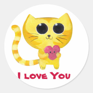 Cute Romantic Cat with Heart Classic Round Sticker